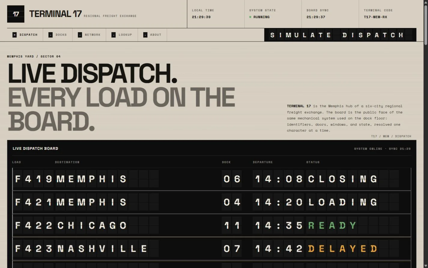 Desktop review frame for TERMINAL 17 — Regional Freight Exchange