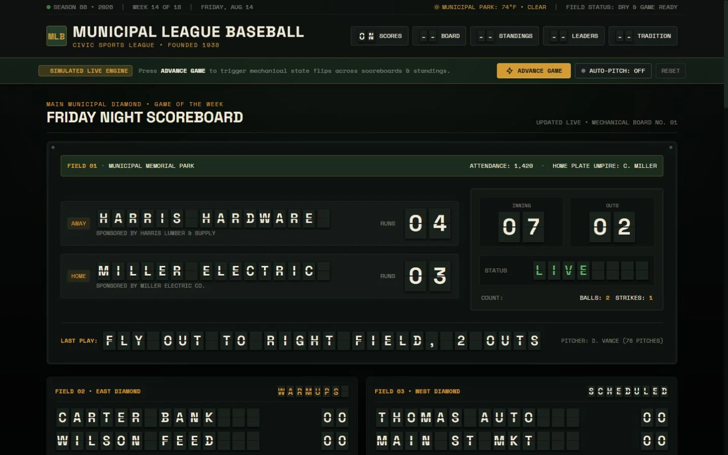 Desktop review frame for Municipal League Baseball — Civic Scoreboard & League Desk