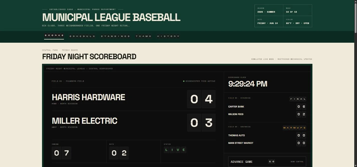 Desktop review frame for Municipal League Baseball — 2026 Season