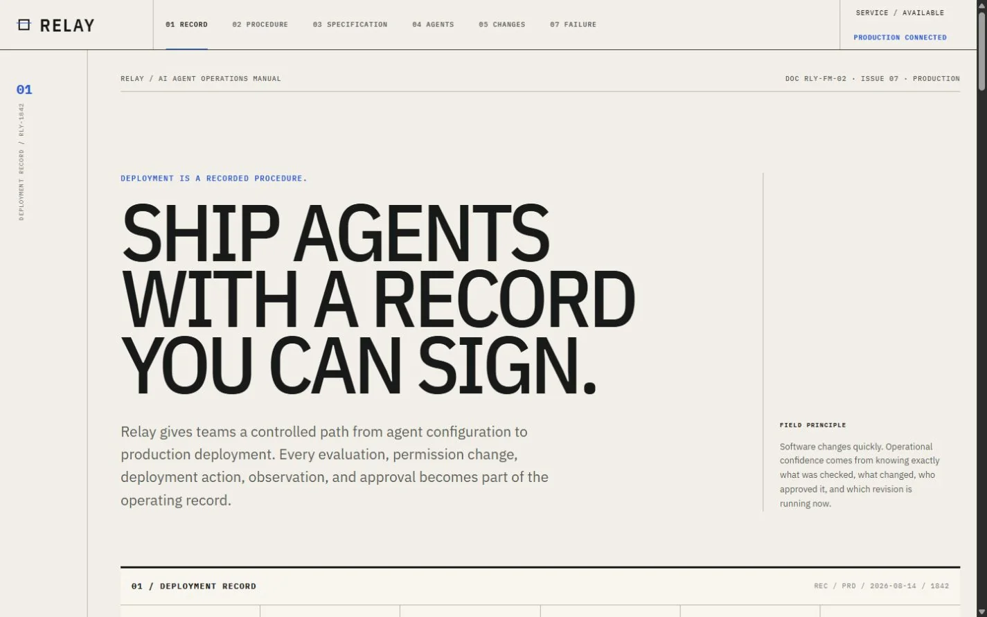 Desktop review frame for RELAY — AI Agent Deployment & Operations
