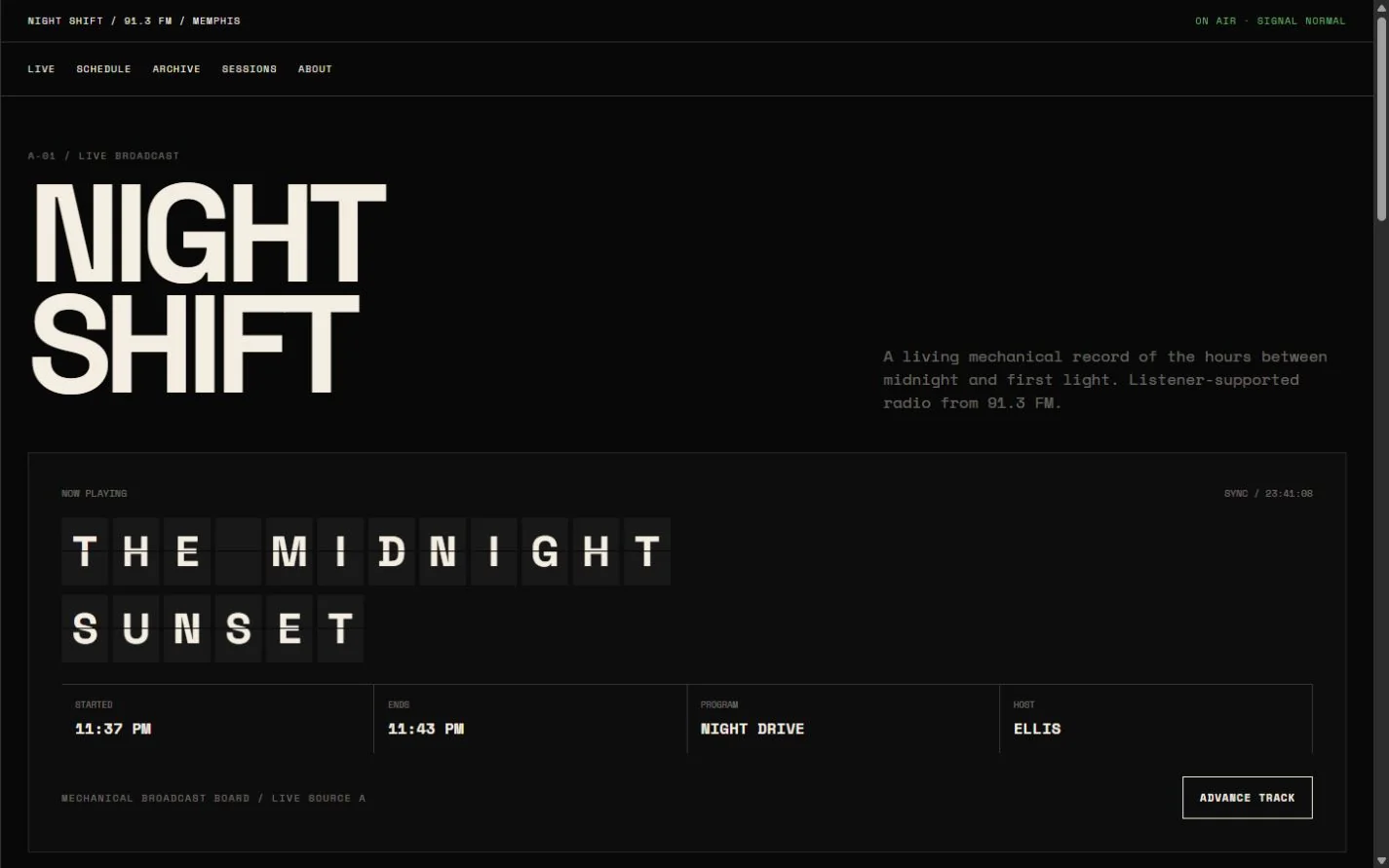 Desktop review frame for NIGHT SHIFT 91.3 FM