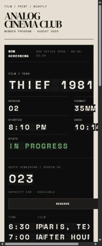 Mobile benchmark review frame for Analog Cinema Club