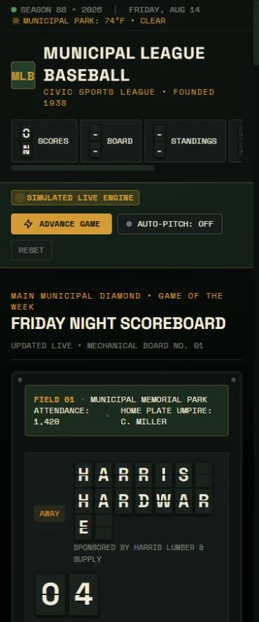 Mobile benchmark review frame for Municipal League Baseball — Civic Scoreboard & League Desk