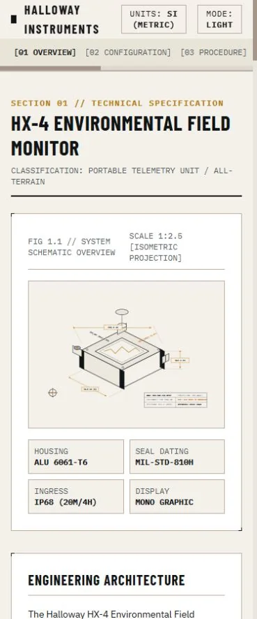Mobile benchmark review frame for HALLOWAY INSTRUMENTS // HX-4 Field Monitor Technical Manual