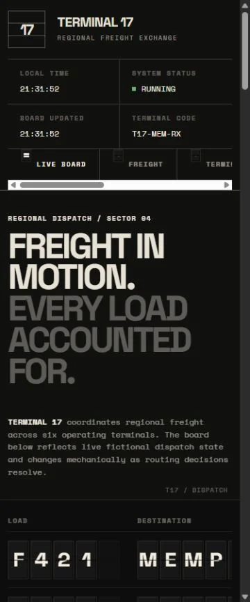 Mobile benchmark review frame for TERMINAL 17 — Regional Freight Exchange