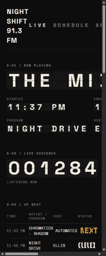 Mobile benchmark review frame for NIGHT SHIFT 91.3 FM