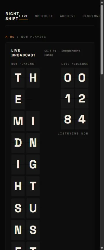 Mobile benchmark review frame for NIGHT SHIFT — 91.3 FM