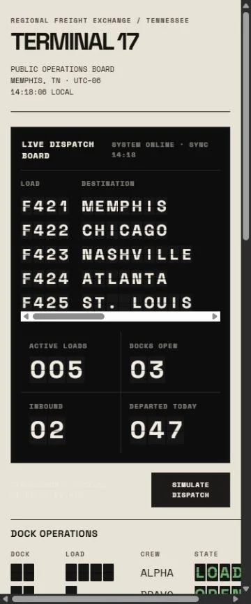 Mobile benchmark review frame for Terminal 17 — Regional Freight Exchange