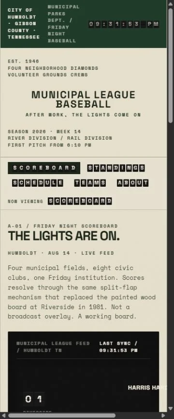 Mobile benchmark review frame for Municipal League Baseball — Humboldt, Tennessee