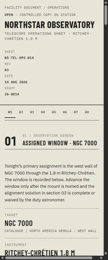 Mobile benchmark review frame for NORTHSTAR OBSERVATORY — NS-TEL-OPS-014 — Telescope Operations Sheet