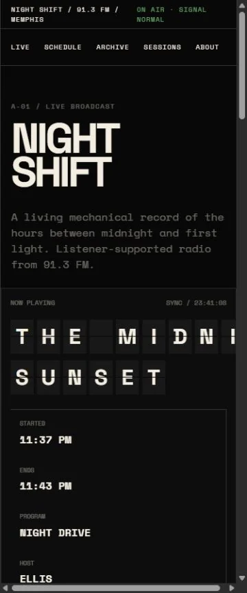 Mobile benchmark review frame for NIGHT SHIFT 91.3 FM