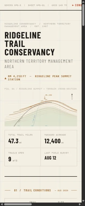 Mobile benchmark review frame for RIDGELINE TRAIL CONSERVANCY — SERIES NPS-5 / SHEET NPS-01