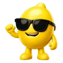 Lemmy the lemon mascot celebrating, wearing black sunglasses
