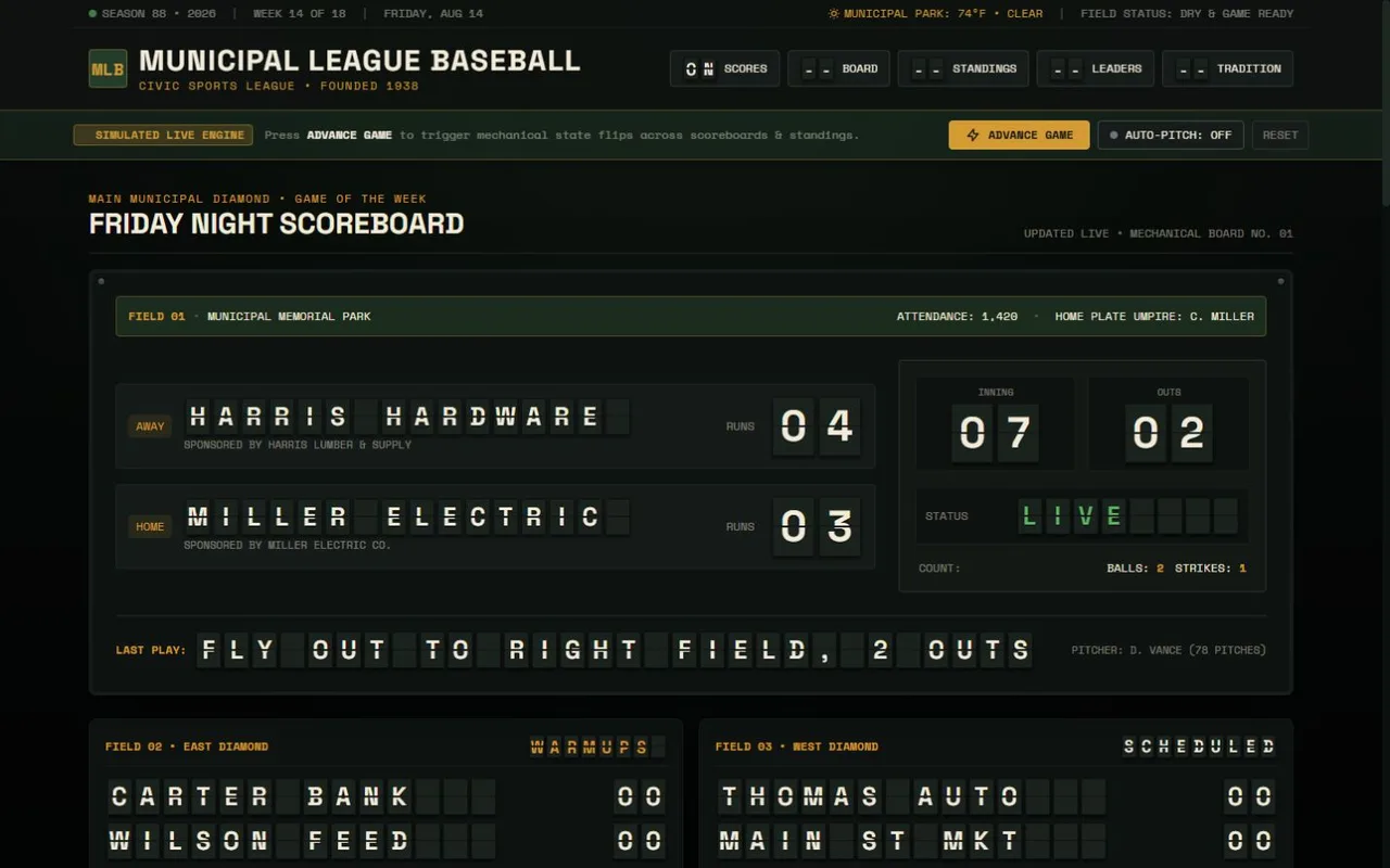 Desktop Municipal League Baseball website using Solari split-flap scoreboard language