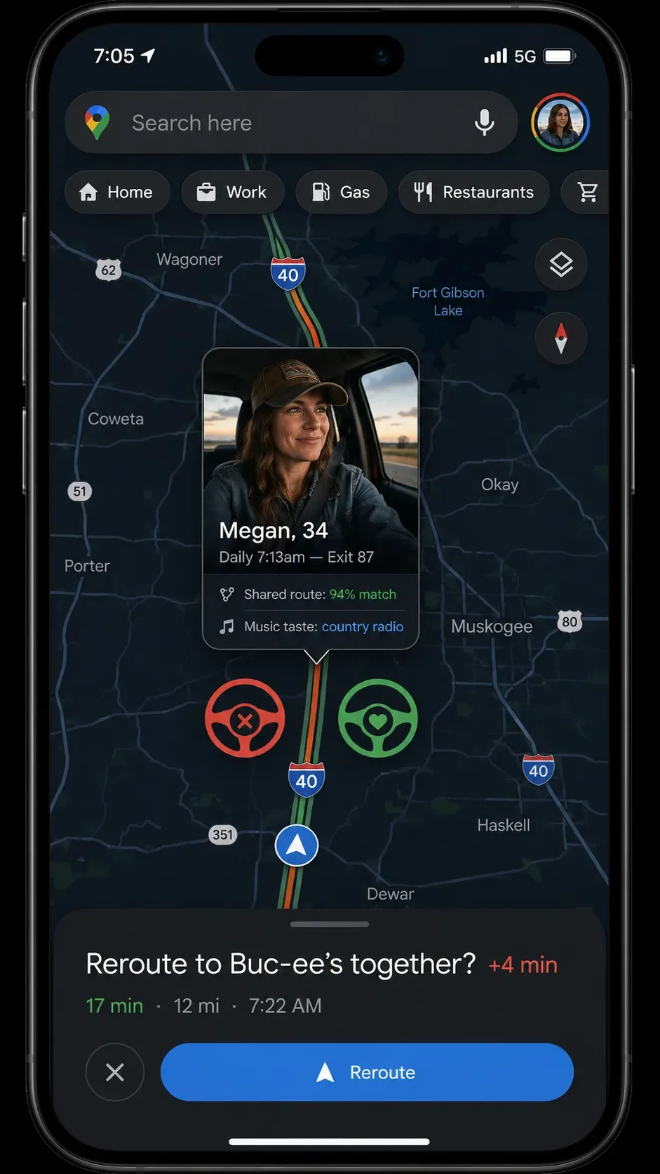 Google Maps with two users and a accept or decline options on rerouting to a Buc-ee's mid drive.