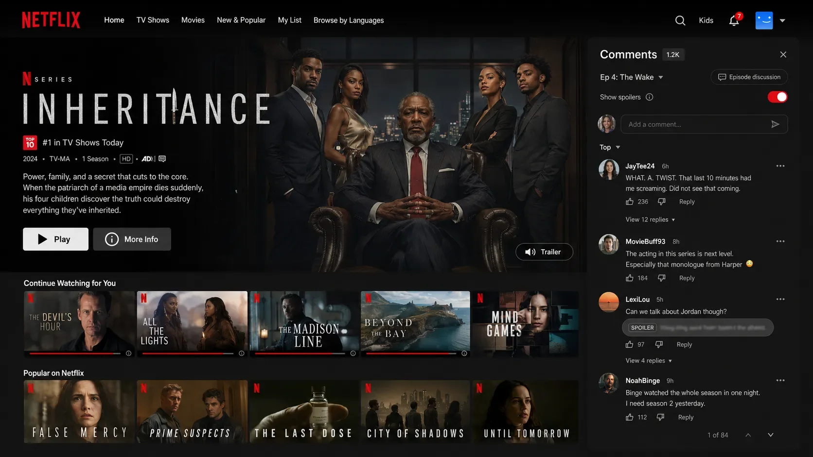 Netflix TV application with a visible comment section on a TV show called Inheritance.