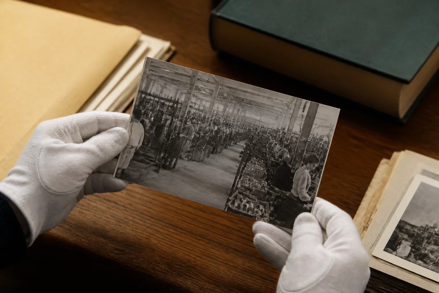 Cotton-gloved hands holding a factory photograph at a research table