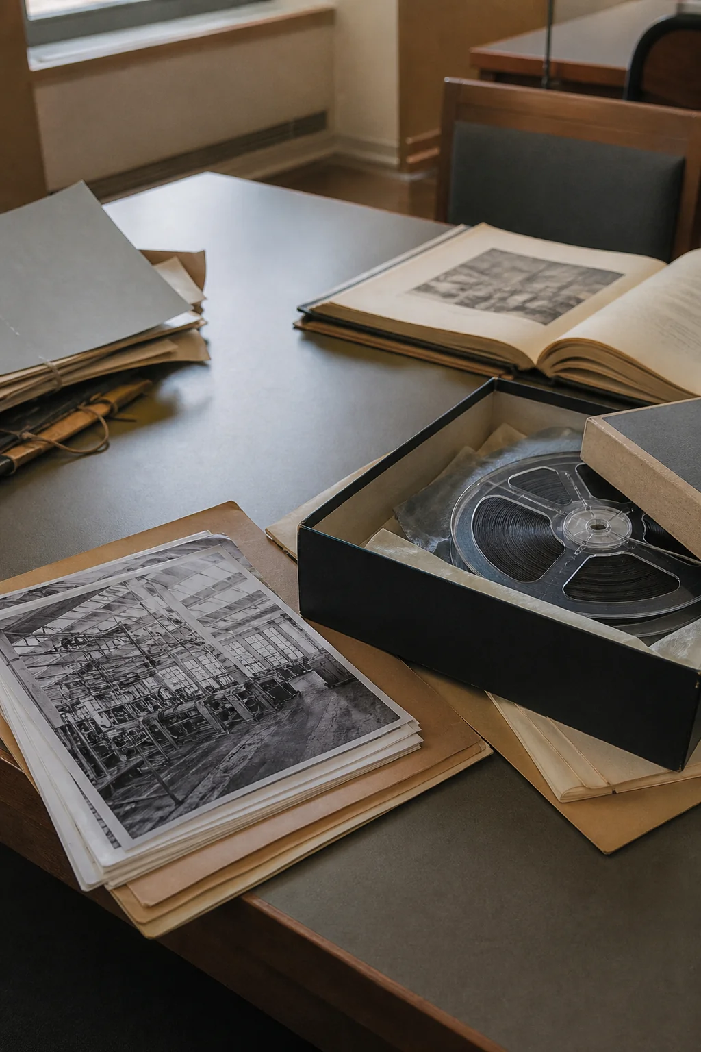 Archival table with photographs, folders, and a tape box