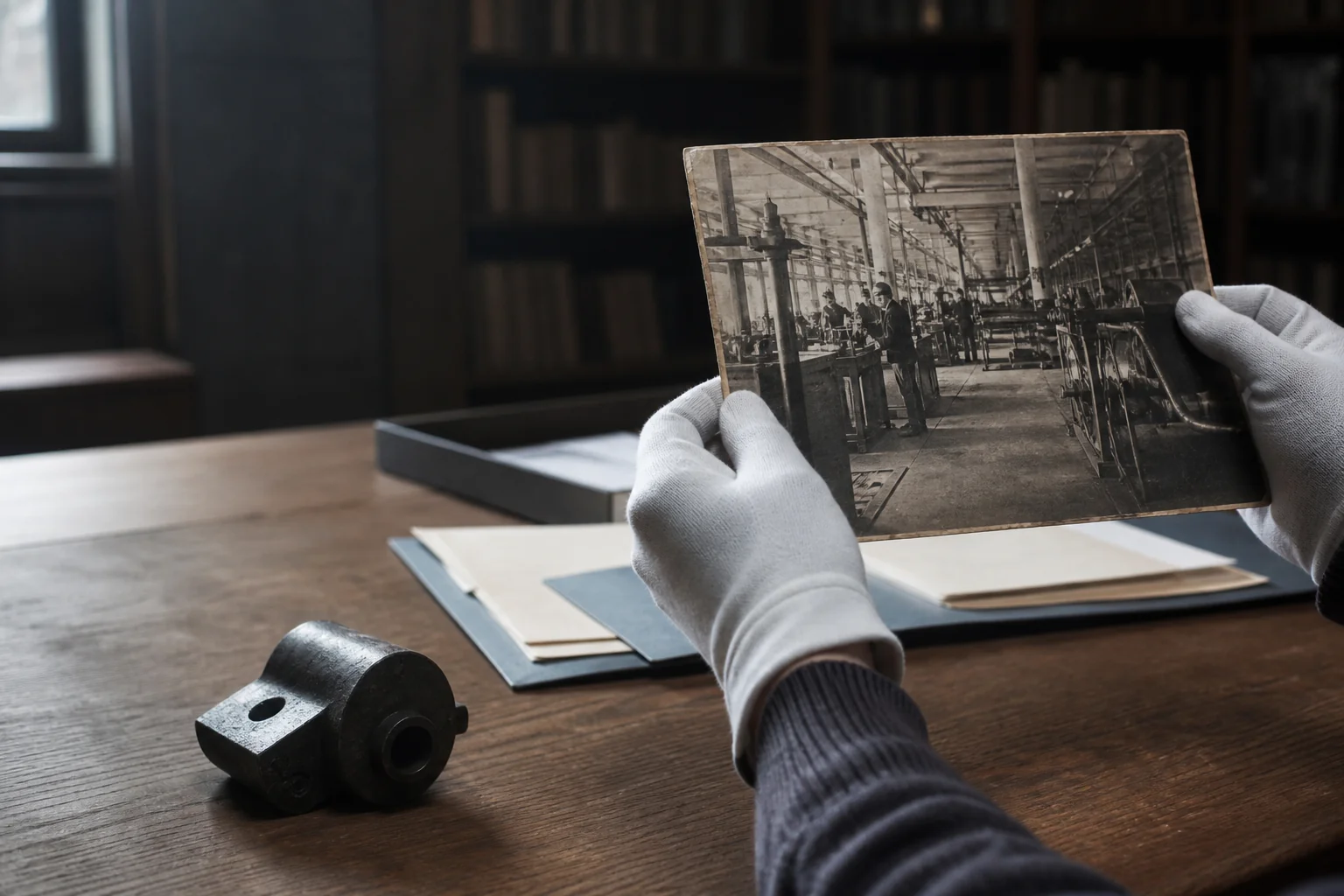 Archive staff member in cotton gloves handling a historic factory photograph at a research table