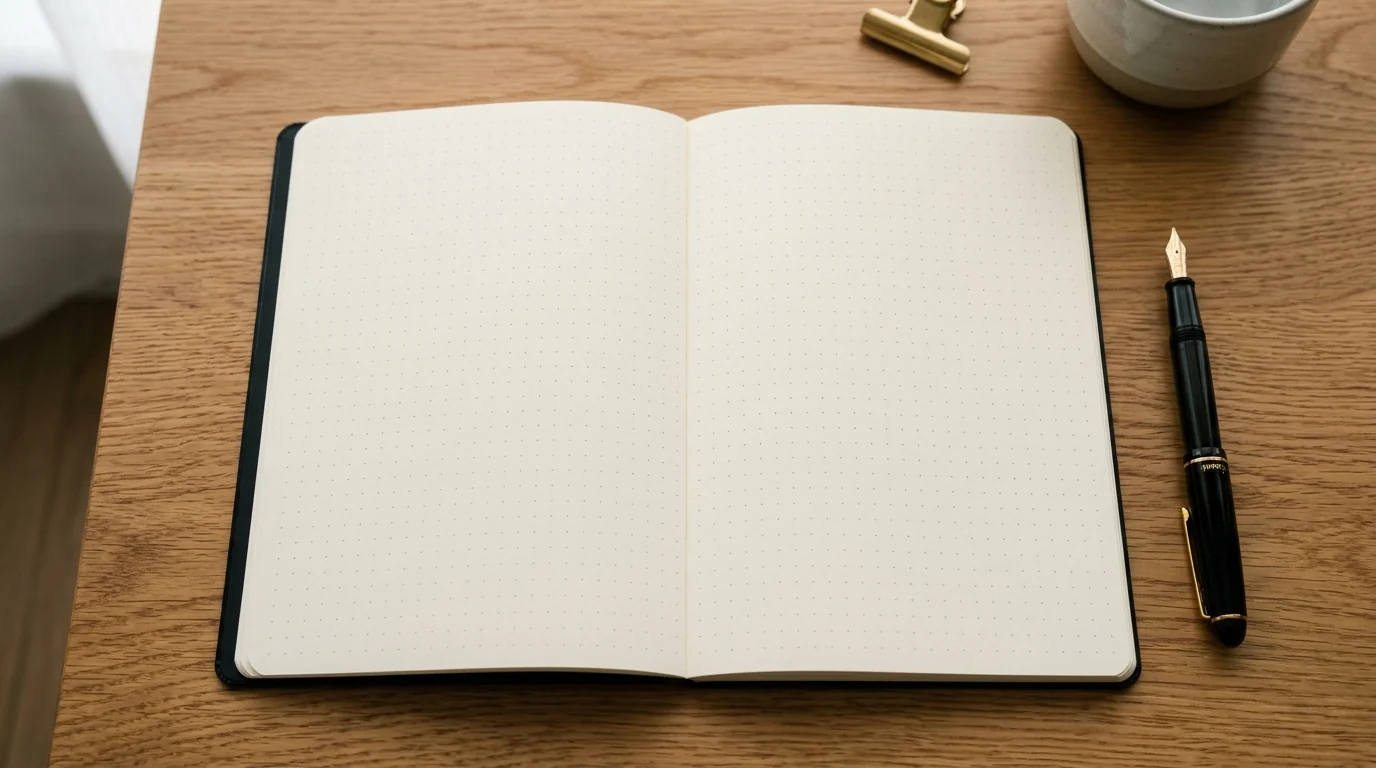 Fieldnote Daily 01 A5 notebook laying flat open at 180 degrees showing dot grid paper on wooden desk