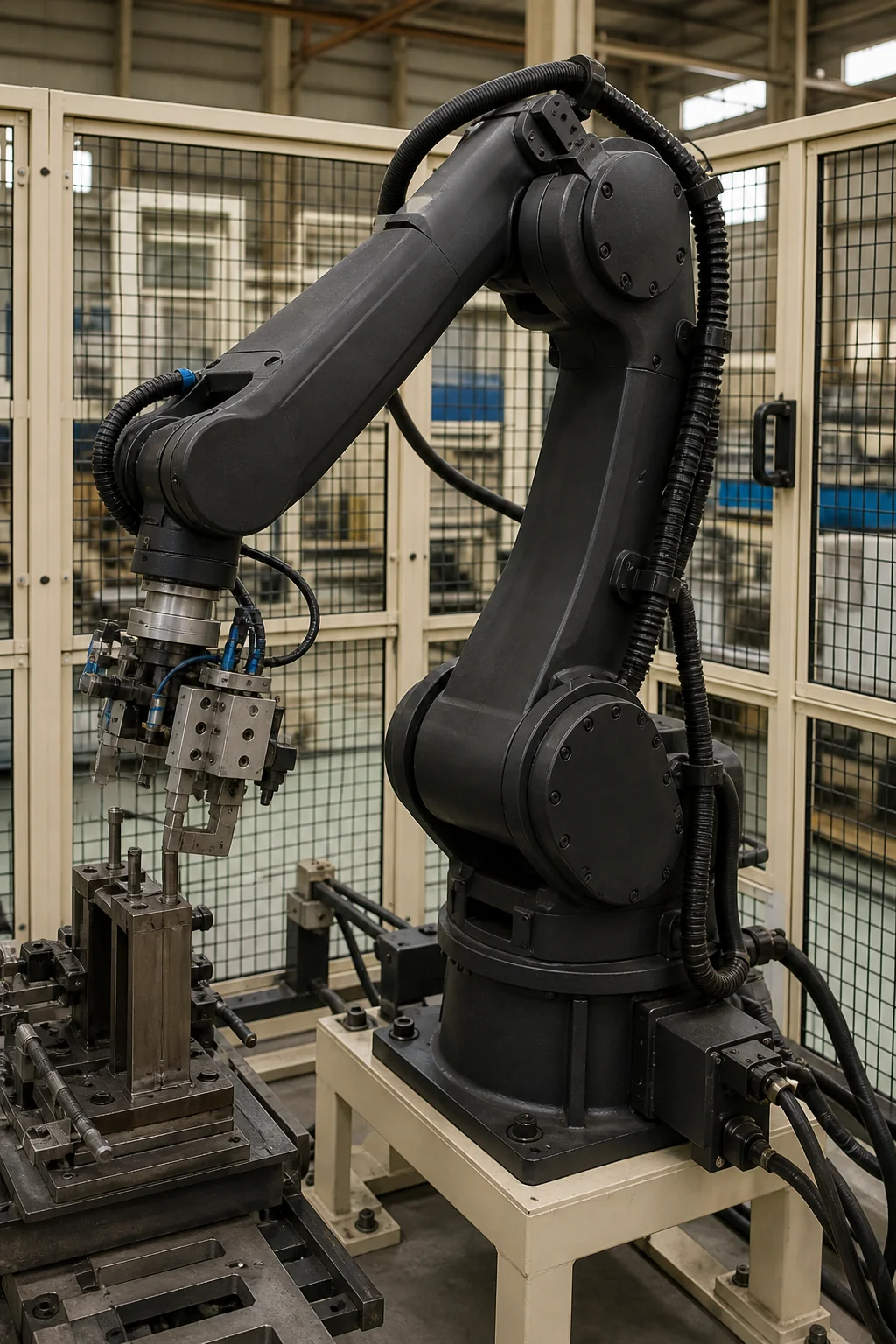 Six-axis robot arm inside a modular work cell