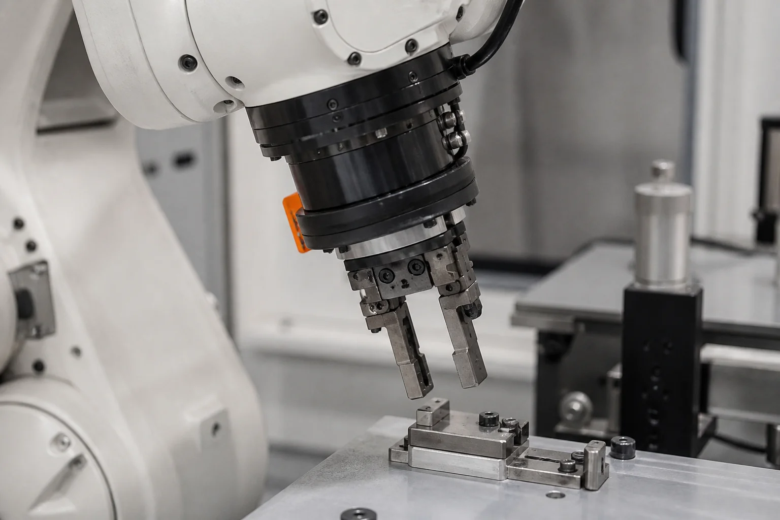 Close crop of a six-axis robot wrist over a work table