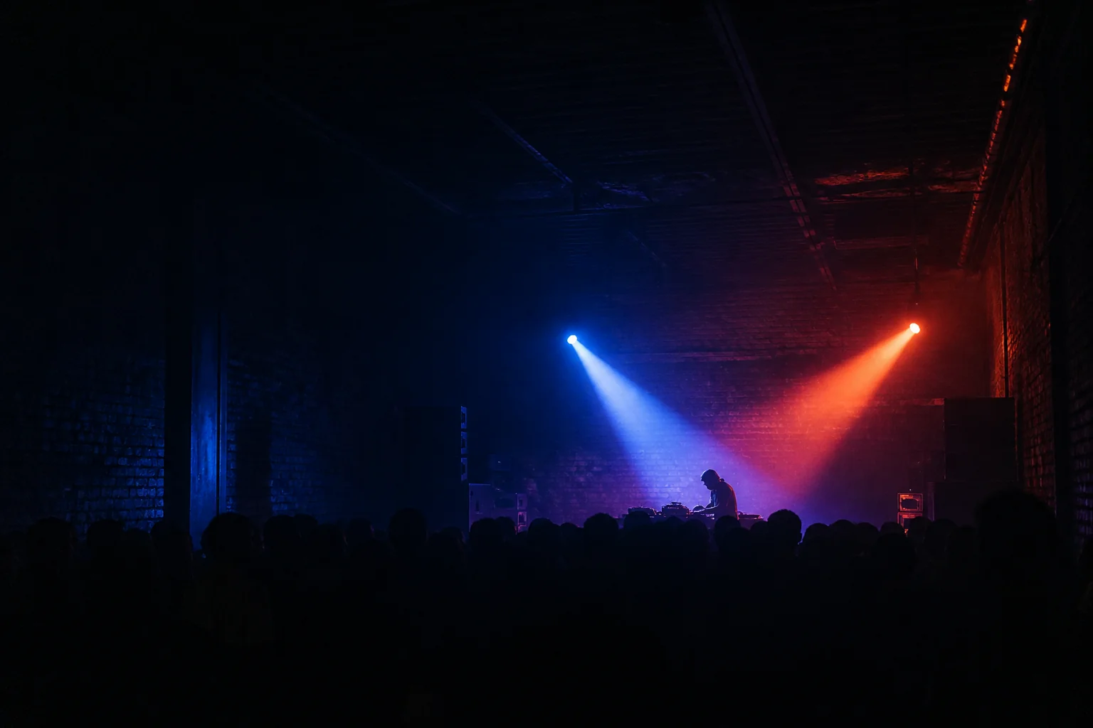 Independent electronic music performance in a dark brick room under blue and red stage lights