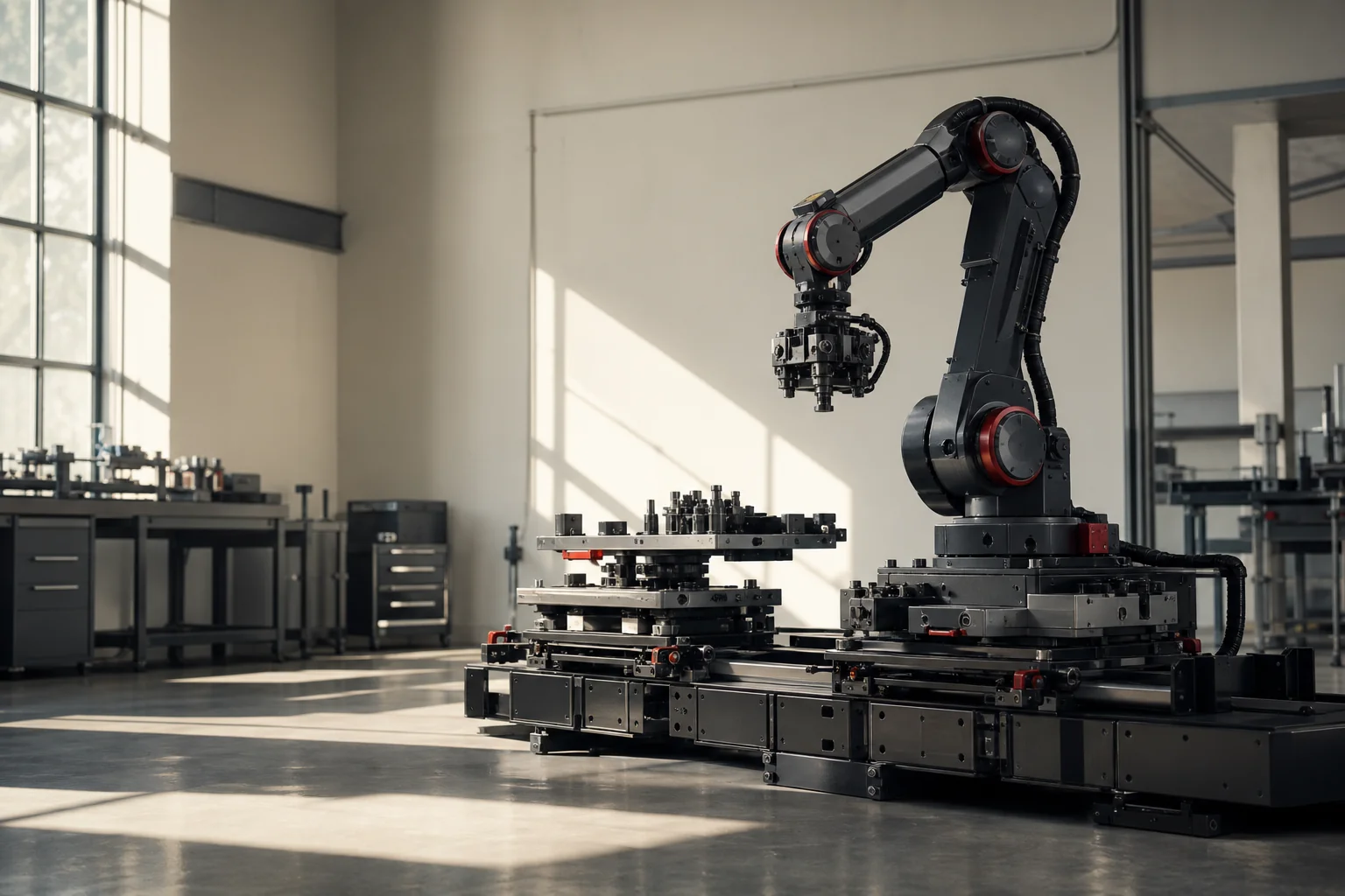 Modular graphite robotic work cell in a small manufacturing shop