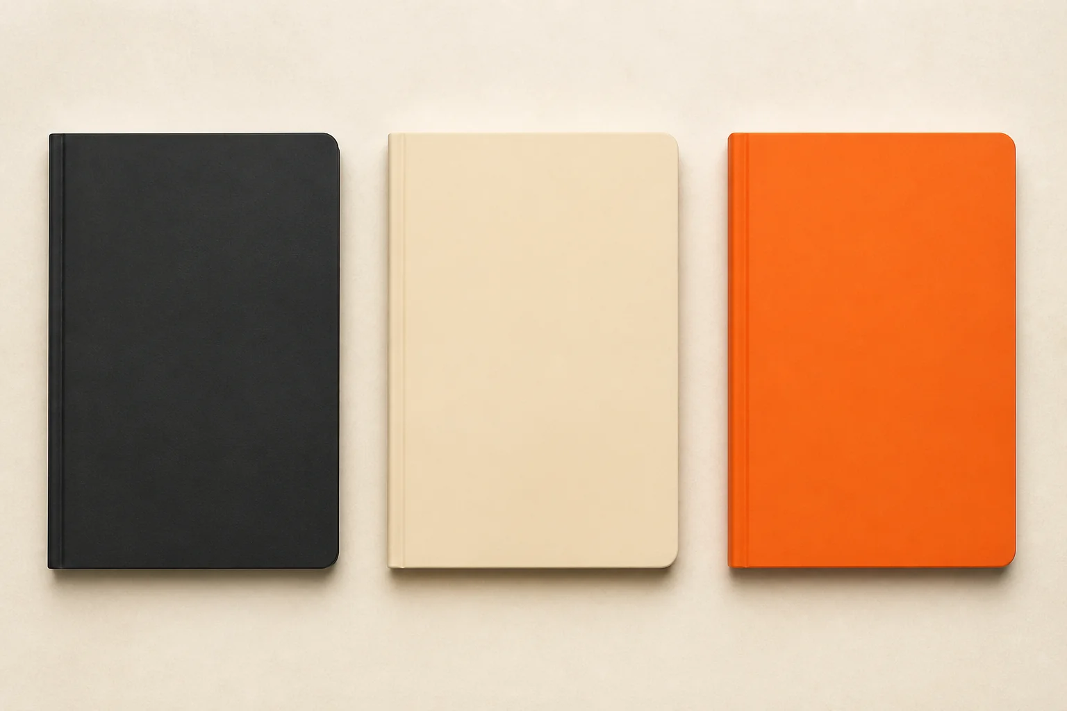 Three A5 notebooks in Black, Bone, and Safety Orange