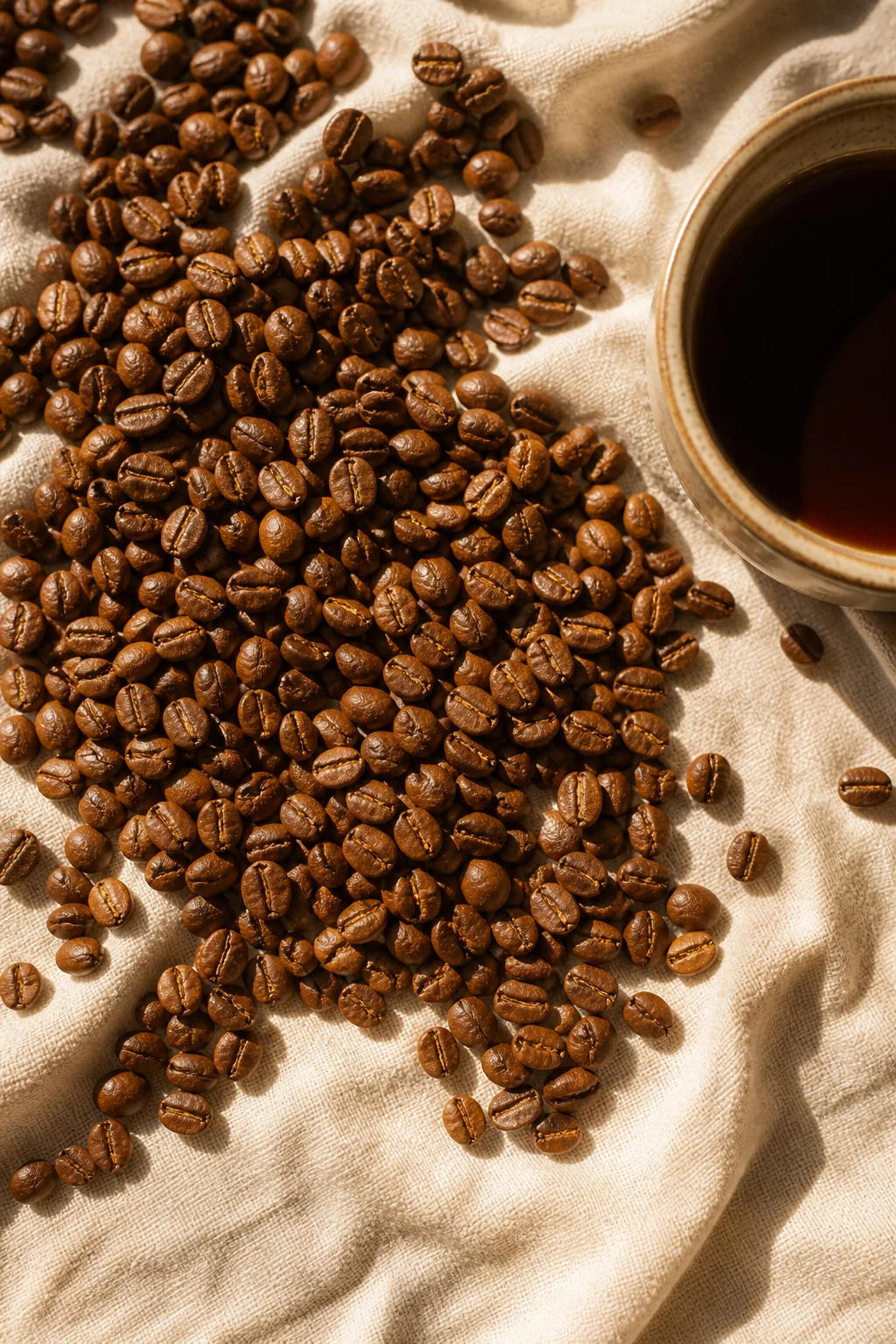 Light-roast coffee beans and a cup on cream cloth
