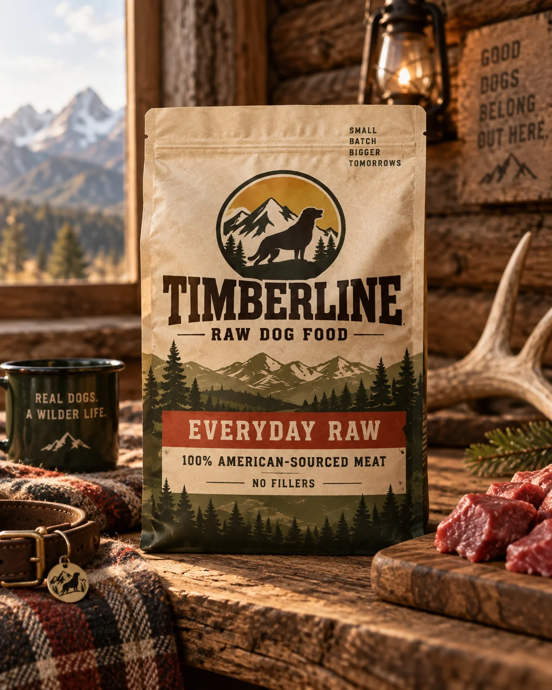 Timberline Everyday Raw concept package in a rustic cabin setting