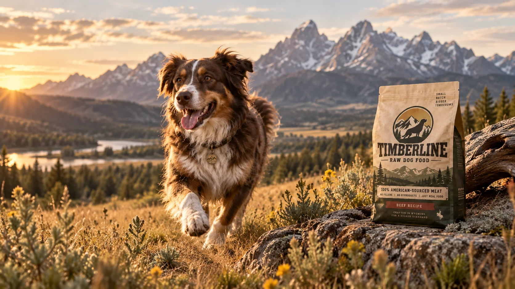Dog running through an open Wyoming mountain meadow with Timberline dog food