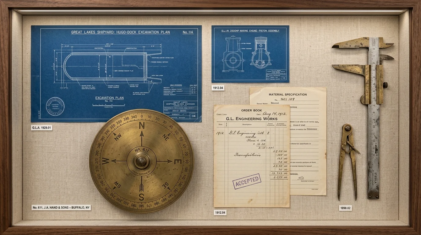 Conserved Great Lakes shipyard blueprints, brass navigation dial and calipers