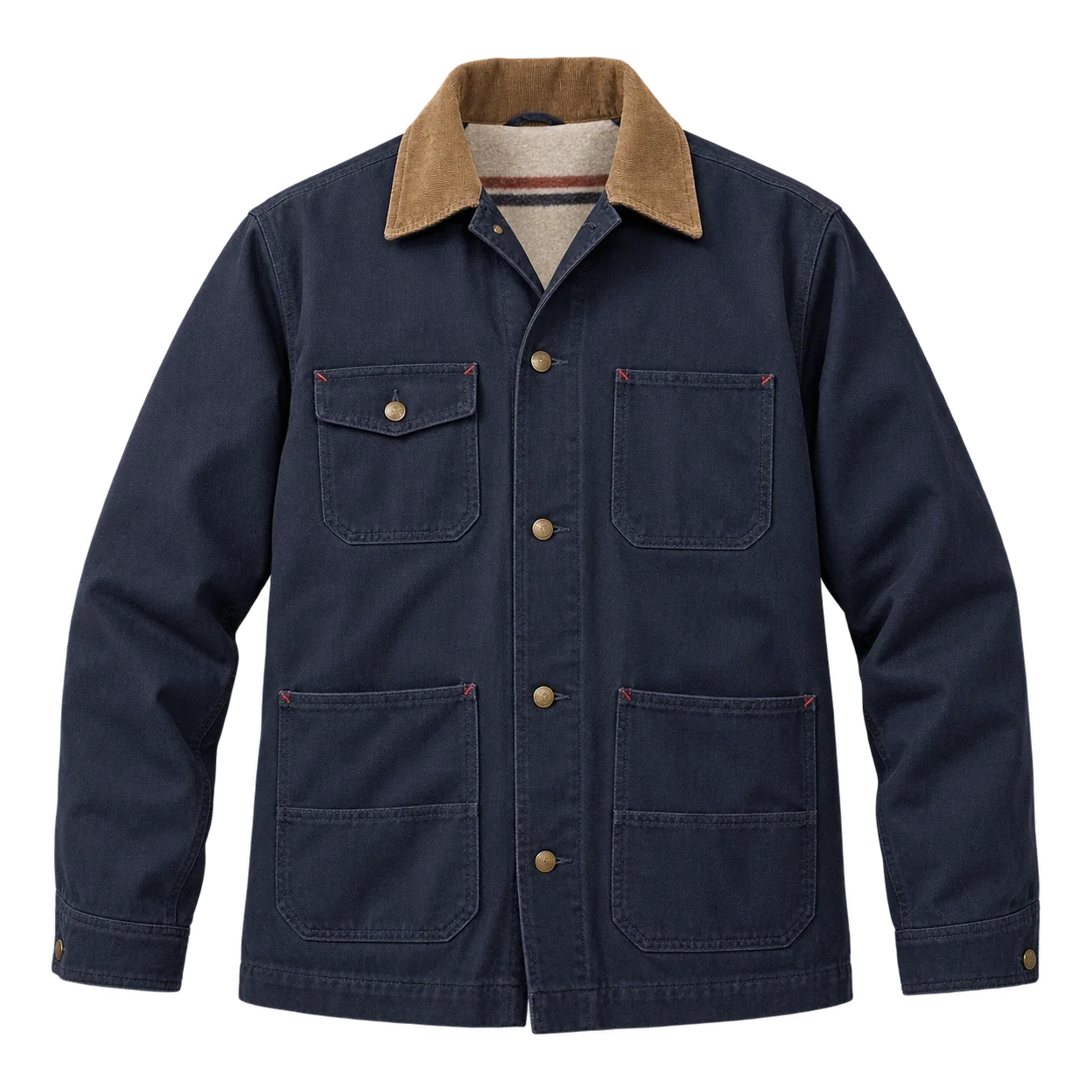 Foreman chore jacket in deep ink-navy canvas with a natural corduroy collar