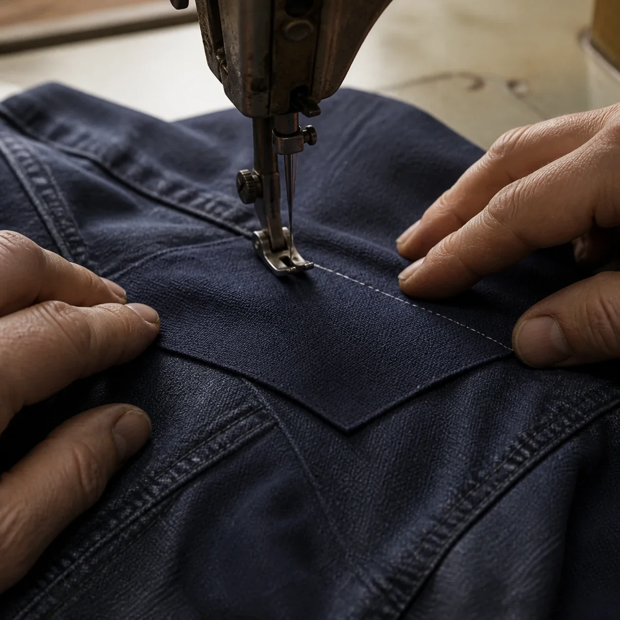A craftsperson sewing a rectangular repair patch onto navy workwear