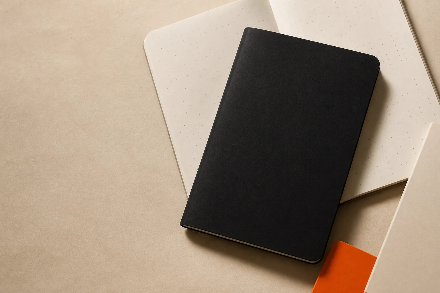 Black A5 notebook arranged over an open bone dot-grid notebook with a safety orange cover sample